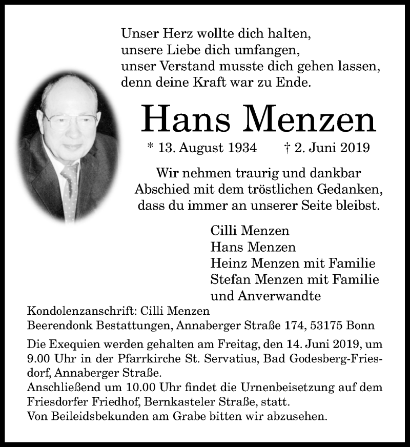  Traueranzeige für Hans Menzen vom 08.06.2019 aus General-Anzeiger Bonn