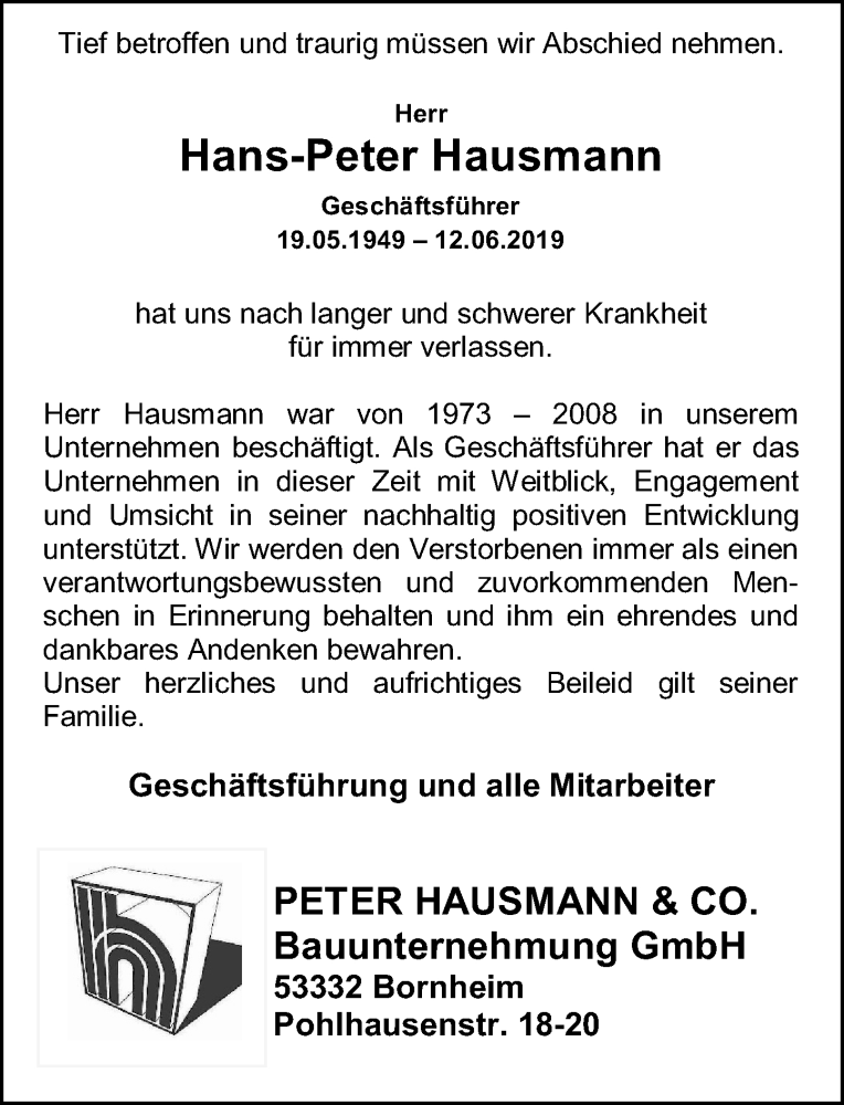  Traueranzeige für Hans-Peter Hausmann vom 22.06.2019 aus General-Anzeiger Bonn