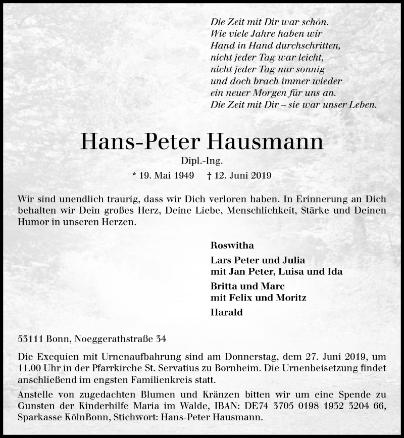  Traueranzeige für Hans-Peter Hausmann vom 19.06.2019 aus General-Anzeiger Bonn