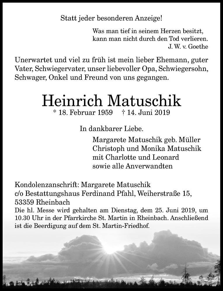 Traueranzeige für Heinrich Matuschik vom 19.06.2019 aus General-Anzeiger Bonn