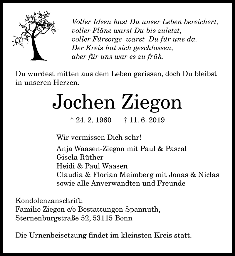  Traueranzeige für Jochen Ziegon vom 15.06.2019 aus General-Anzeiger Bonn