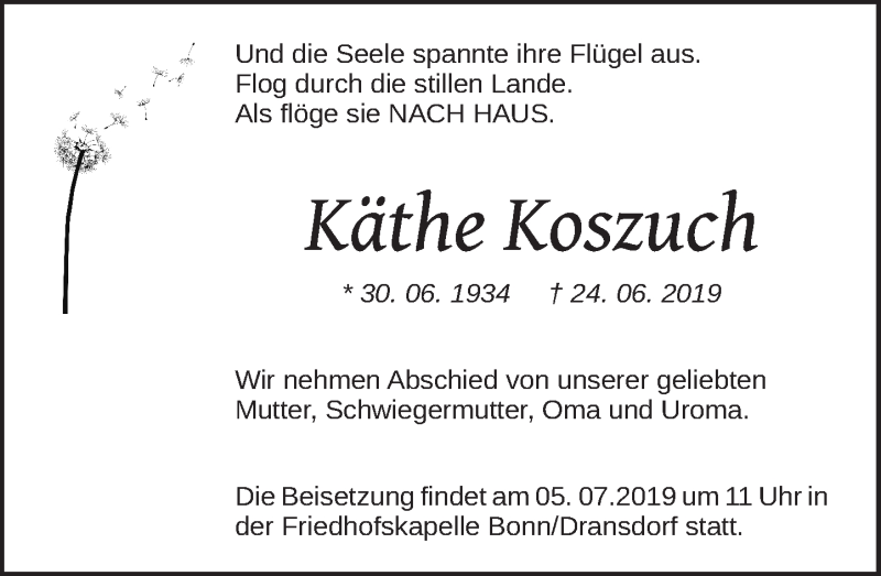  Traueranzeige für Käthe Koszuch vom 29.06.2019 aus General-Anzeiger Bonn