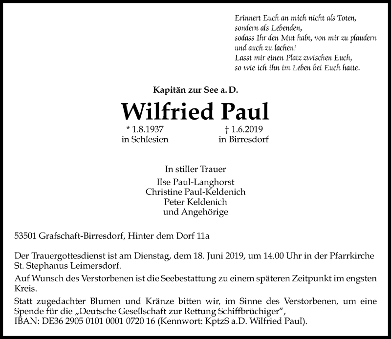  Traueranzeige für Wilfried Paul vom 08.06.2019 aus General-Anzeiger Bonn