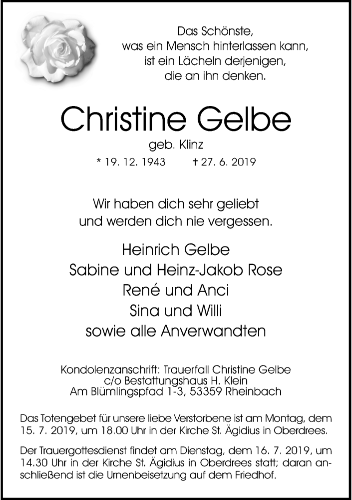  Traueranzeige für Christine Gelbe vom 06.07.2019 aus General-Anzeiger Bonn