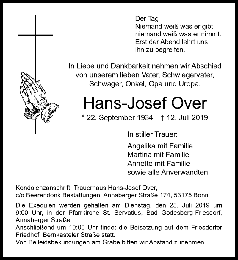  Traueranzeige für Hans-Josef und Inge Over vom 20.07.2019 aus General-Anzeiger Bonn