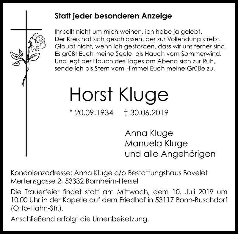  Traueranzeige für Horst Kluge vom 06.07.2019 aus General-Anzeiger Bonn
