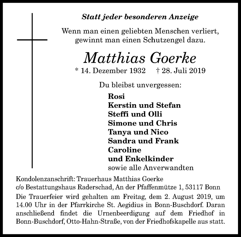  Traueranzeige für Matthias Goerke vom 31.07.2019 aus General-Anzeiger Bonn