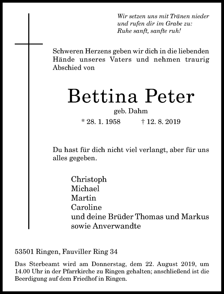  Traueranzeige für Bettina Peter vom 17.08.2019 aus General-Anzeiger Bonn