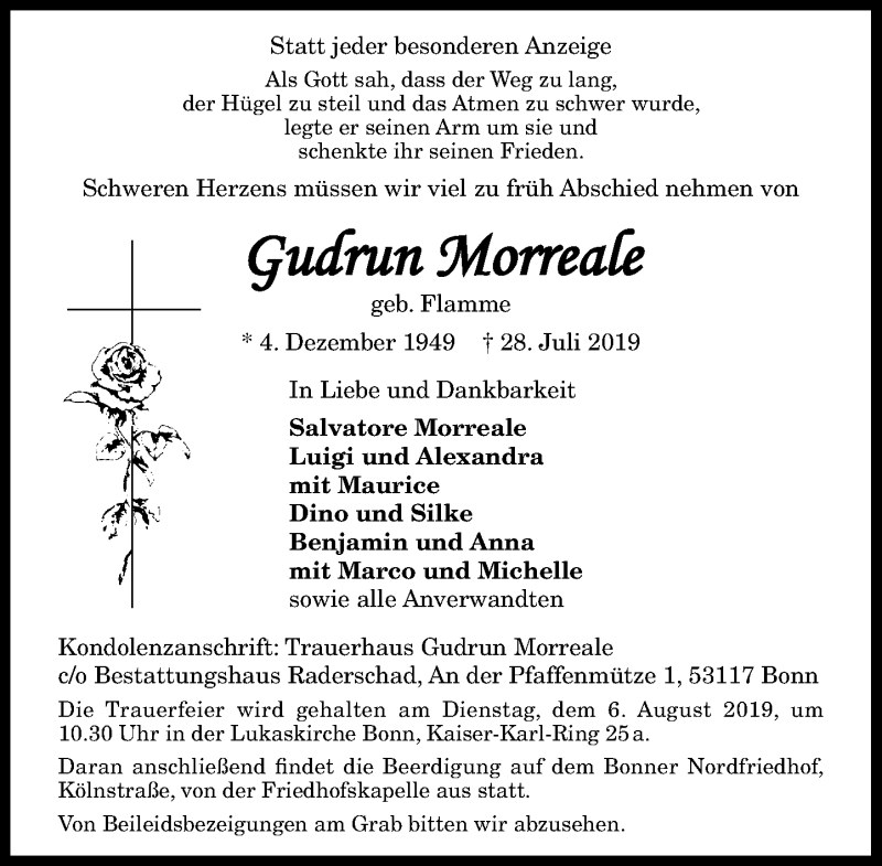  Traueranzeige für Gudrun Morreale vom 03.08.2019 aus General-Anzeiger Bonn