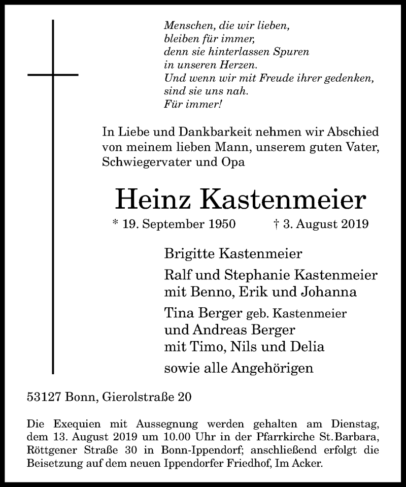  Traueranzeige für Heinz Kastenmeier vom 10.08.2019 aus General-Anzeiger Bonn