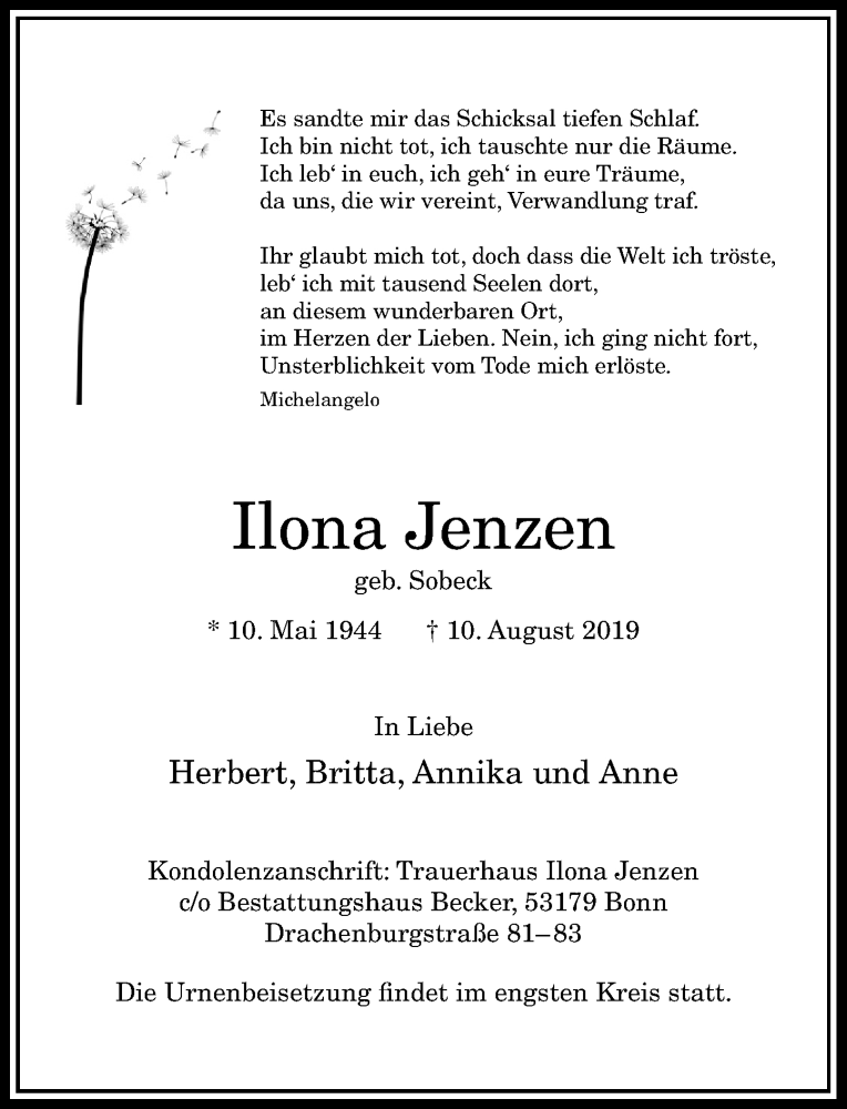  Traueranzeige für Ilona Jenzen vom 14.08.2019 aus General-Anzeiger Bonn