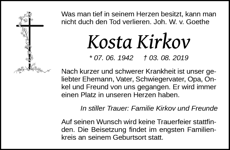  Traueranzeige für Kosta Kirkov vom 17.08.2019 aus General-Anzeiger Bonn
