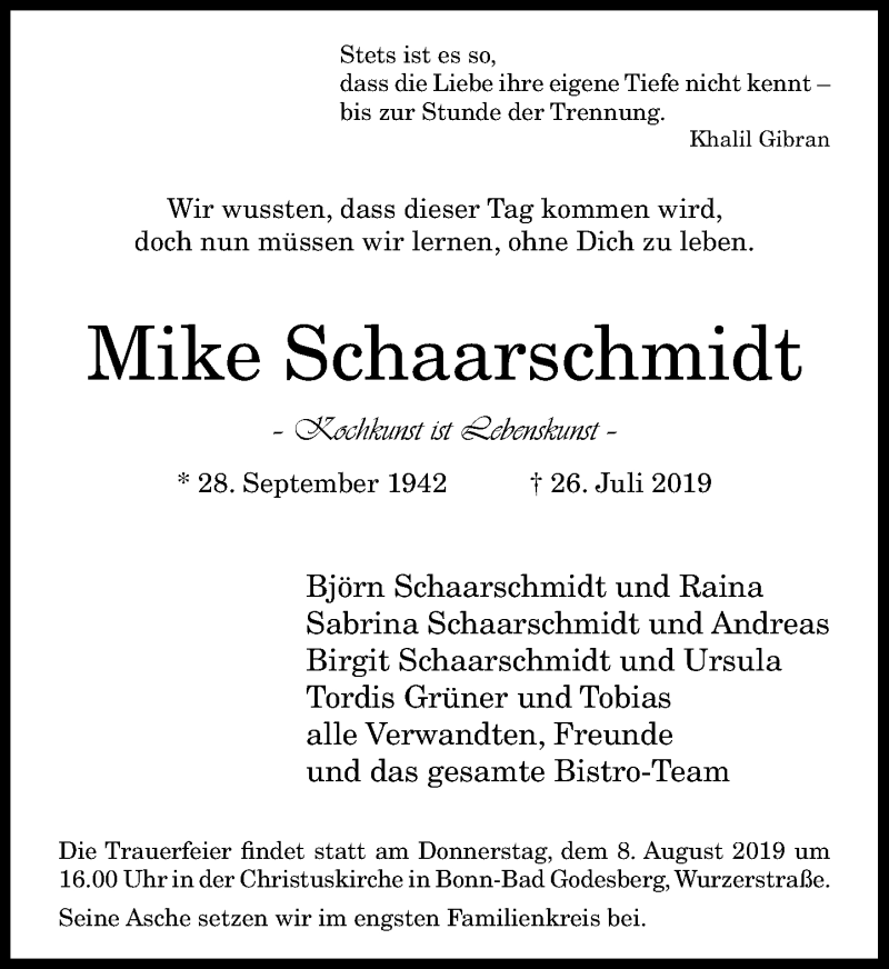  Traueranzeige für Mike Schaarschmidt vom 03.08.2019 aus General-Anzeiger Bonn
