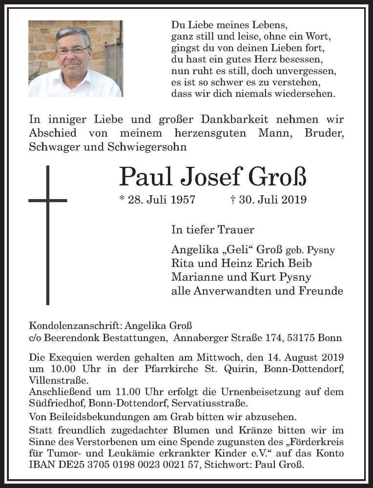  Traueranzeige für Paul Josef Groß vom 10.08.2019 aus General-Anzeiger Bonn