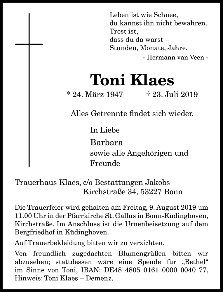  Traueranzeige für Toni Klaes vom 03.08.2019 aus General-Anzeiger Bonn