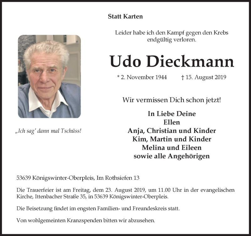  Traueranzeige für Udo Dieckmann vom 17.08.2019 aus General-Anzeiger Bonn