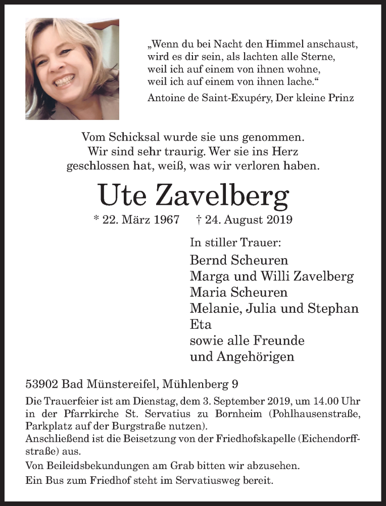  Traueranzeige für Ute Zavelberg vom 28.08.2019 aus General-Anzeiger Bonn