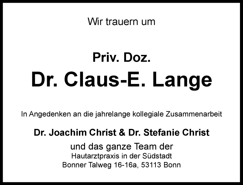  Traueranzeige für Claus-E. Lange vom 21.09.2019 aus General-Anzeiger Bonn