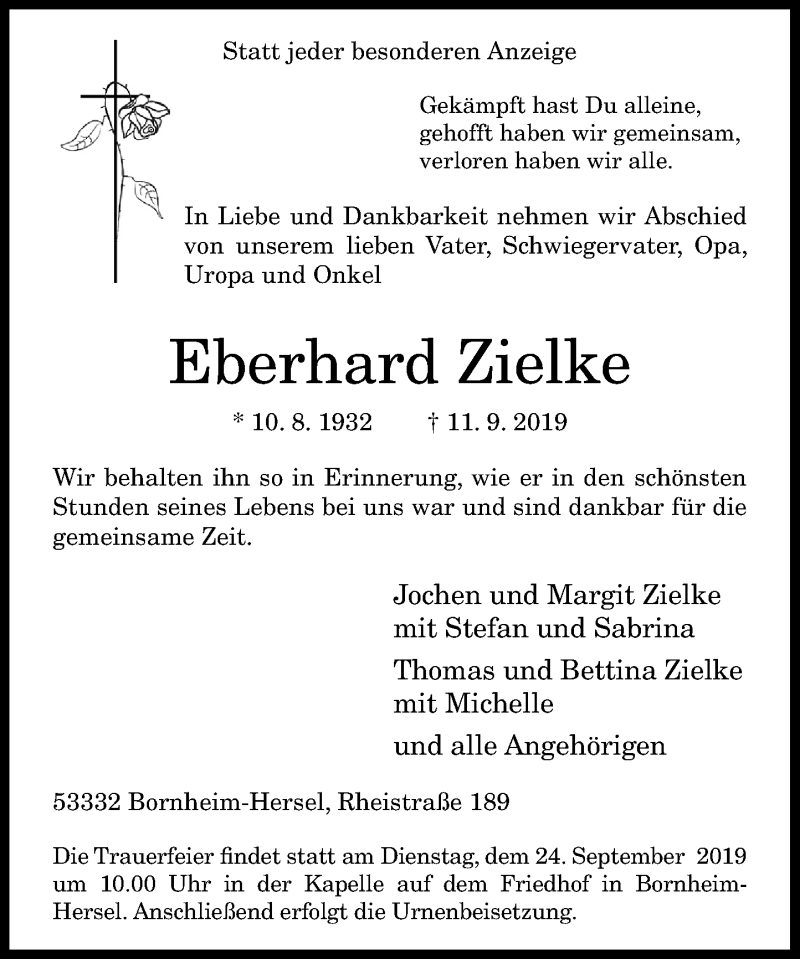  Traueranzeige für Eberhard Zielke vom 14.09.2019 aus General-Anzeiger Bonn