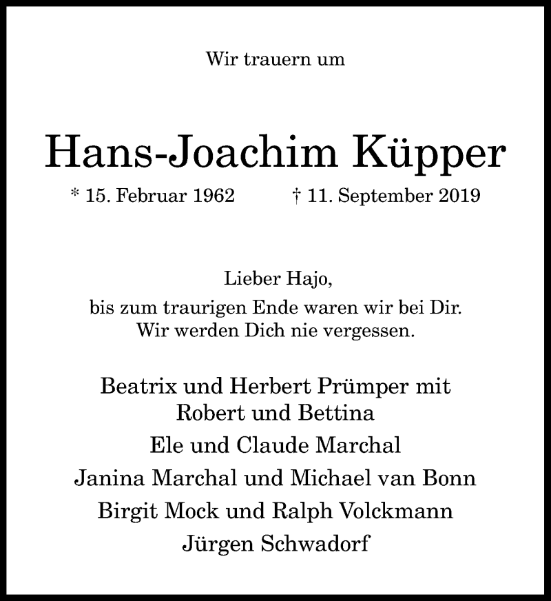  Traueranzeige für Hans-Joachim Küpper vom 21.09.2019 aus General-Anzeiger Bonn