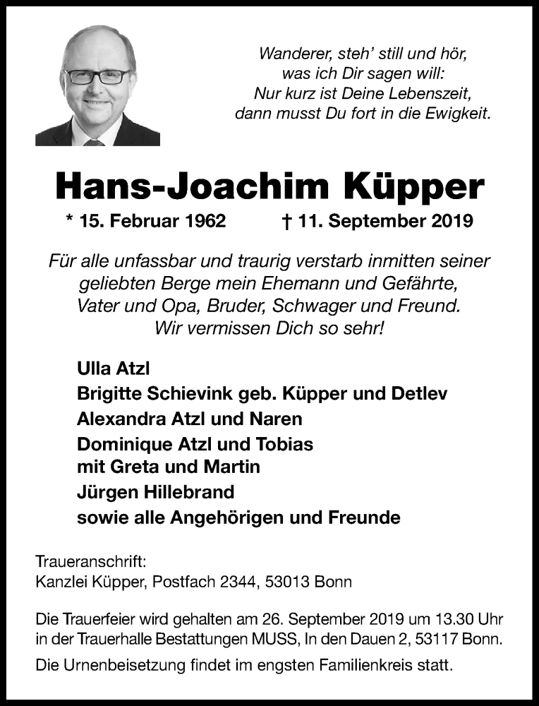  Traueranzeige für Hans-Joachim Küpper vom 21.09.2019 aus General-Anzeiger Bonn