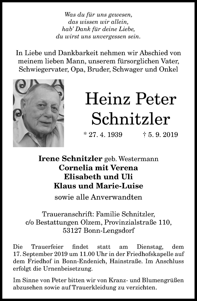  Traueranzeige für Heinz Peter Schnitzler vom 07.09.2019 aus General-Anzeiger Bonn