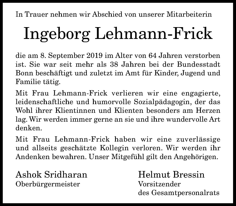  Traueranzeige für Ingeborg Lehmann-Frick vom 14.09.2019 aus General-Anzeiger Bonn