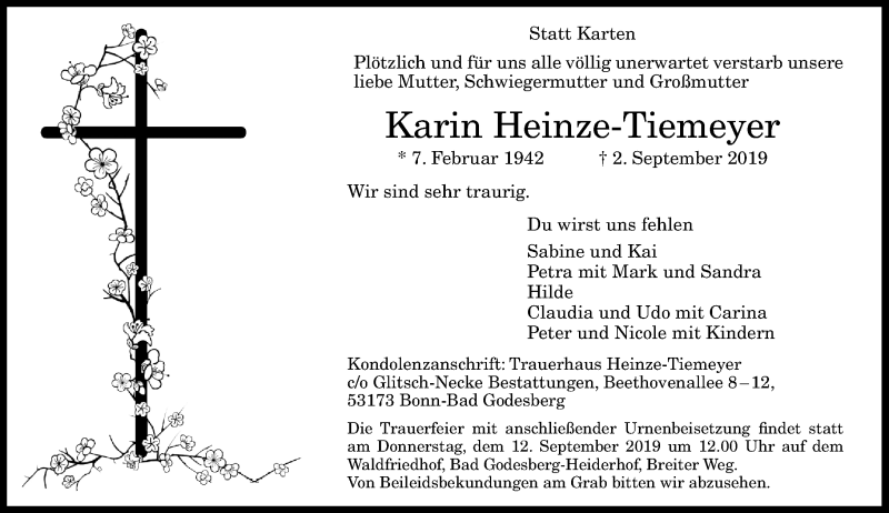  Traueranzeige für Karin Heinze-Tiemeyer vom 07.09.2019 aus General-Anzeiger Bonn