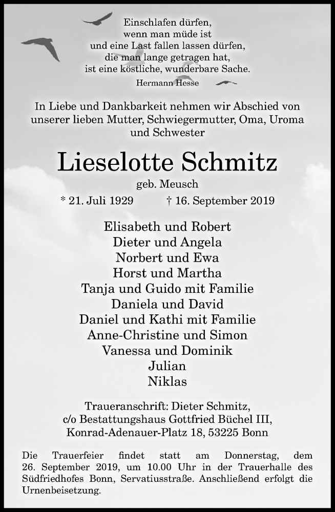  Traueranzeige für Lieselotte Schmitz vom 21.09.2019 aus General-Anzeiger Bonn