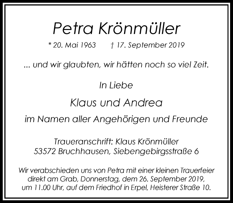 Traueranzeige für Petra Krönmüller vom 21.09.2019 aus General-Anzeiger Bonn