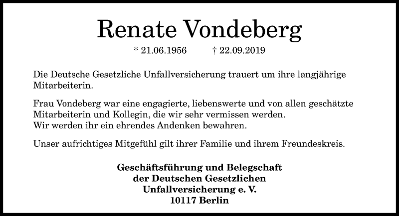  Traueranzeige für Renate Vondeberg vom 28.09.2019 aus General-Anzeiger Bonn
