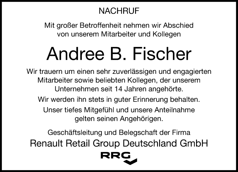  Traueranzeige für Andree B. Fischer vom 18.01.2020 aus General-Anzeiger Bonn