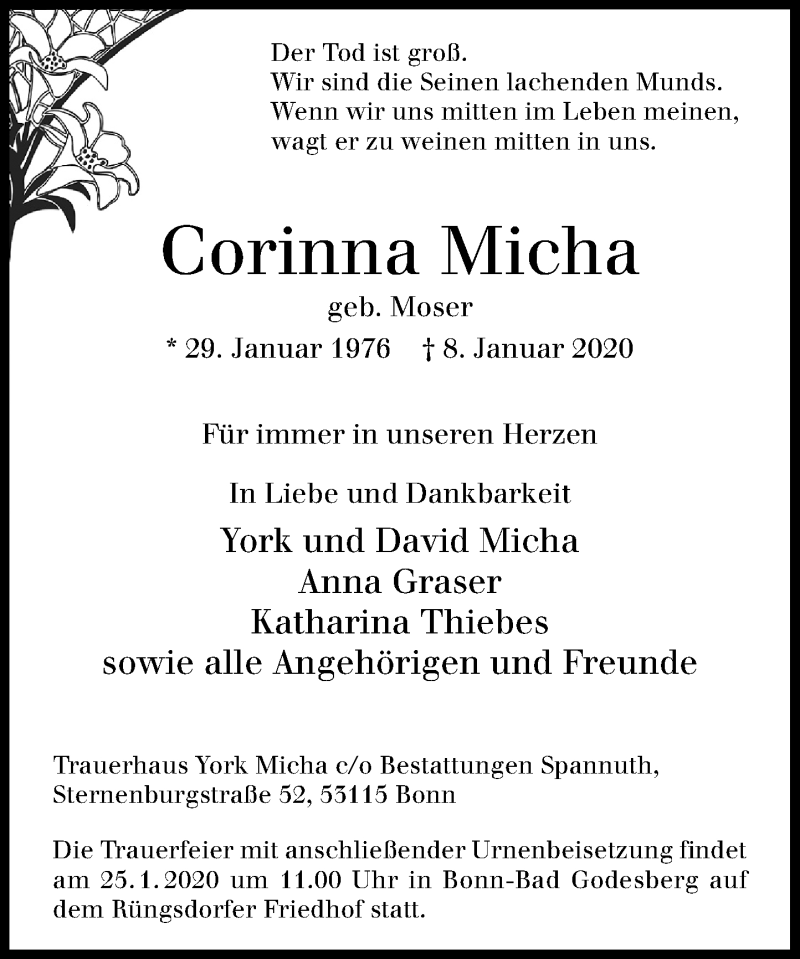  Traueranzeige für Corinna Micha vom 18.01.2020 aus General-Anzeiger Bonn
