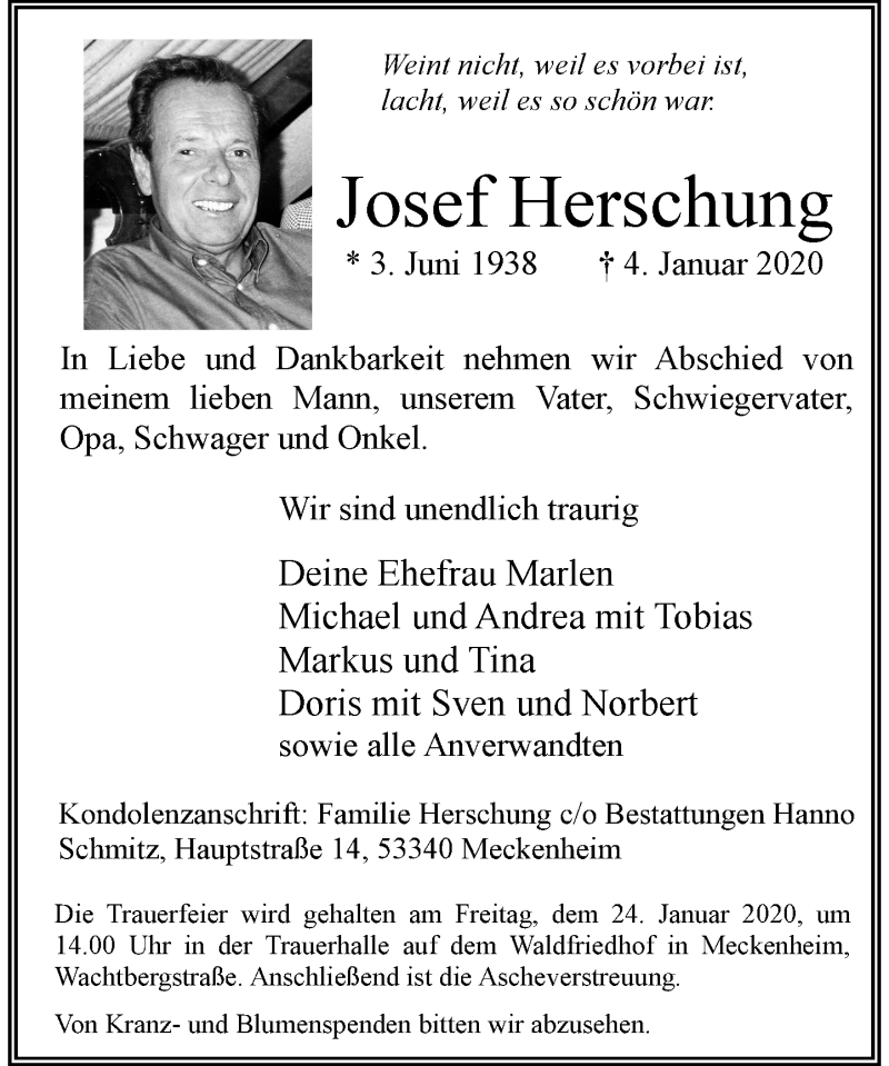  Traueranzeige für Josef Herschung vom 11.01.2020 aus General-Anzeiger Bonn