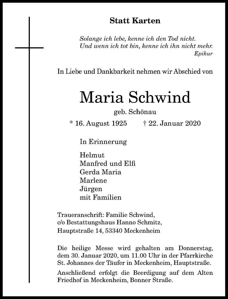  Traueranzeige für Maria Schwind vom 25.01.2020 aus General-Anzeiger Bonn