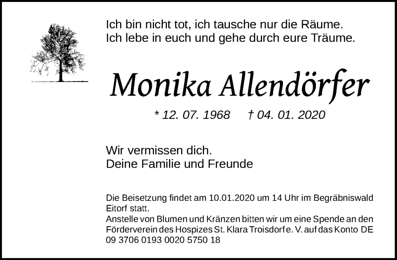  Traueranzeige für Monika Allendörfer vom 08.01.2020 aus General-Anzeiger Bonn