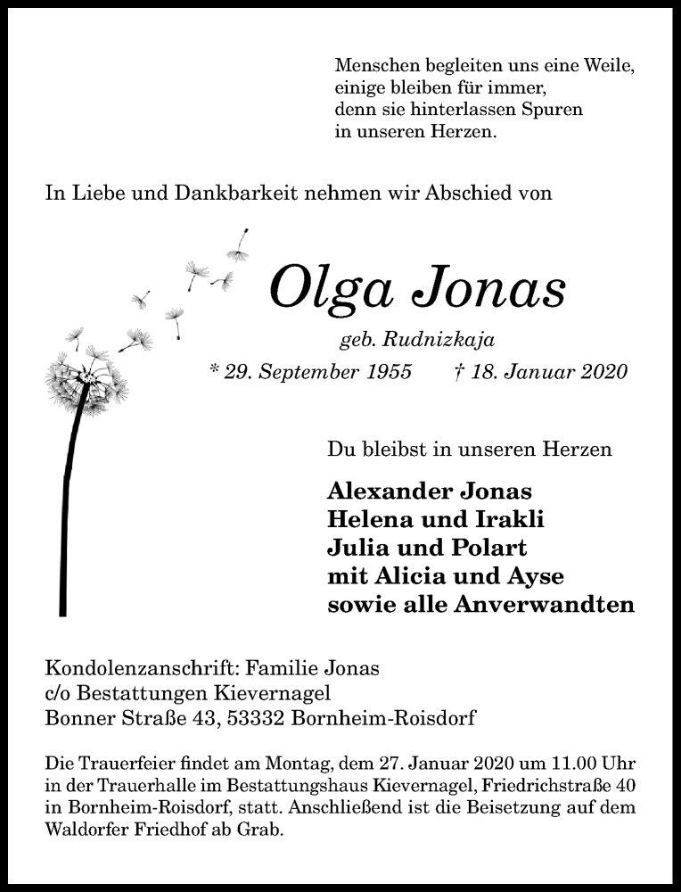  Traueranzeige für Olga Jonas vom 22.01.2020 aus General-Anzeiger Bonn