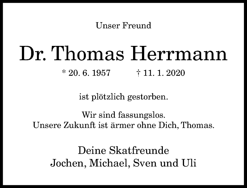  Traueranzeige für Thomas Herrmann vom 18.01.2020 aus General-Anzeiger Bonn