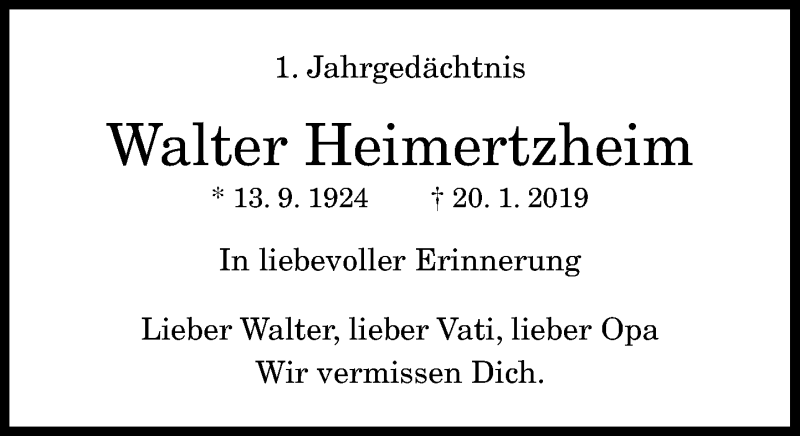  Traueranzeige für Walter Heimertzheim vom 20.01.2020 aus General-Anzeiger Bonn