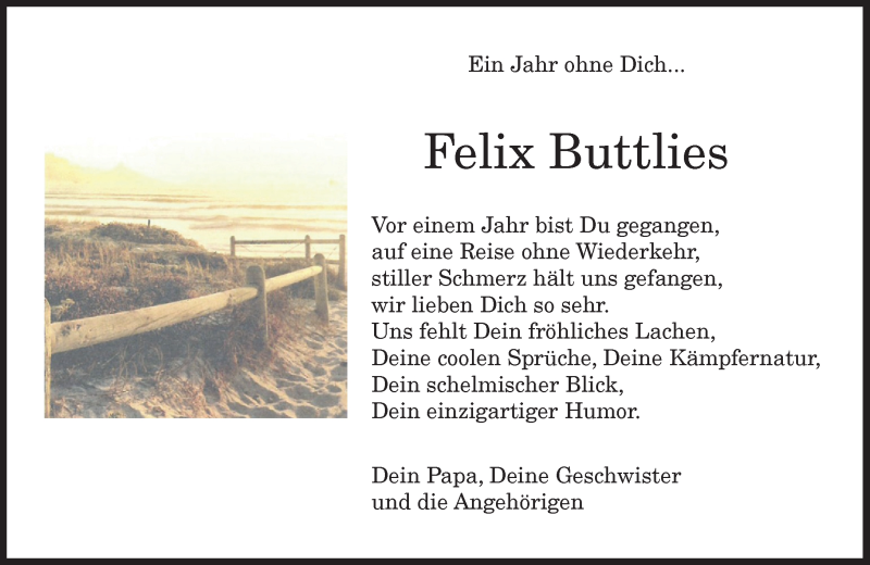  Traueranzeige für Felix Buttlies vom 09.12.2020 aus General-Anzeiger Bonn