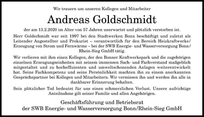  Traueranzeige für Andreas Goldschmidt vom 22.02.2020 aus General-Anzeiger Bonn