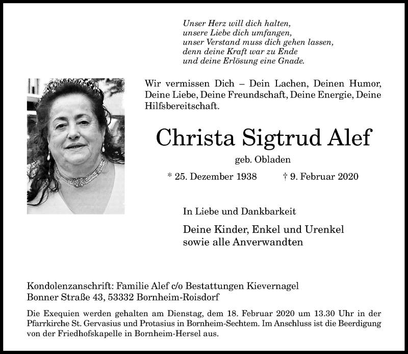  Traueranzeige für Christa Sigtrud Alef vom 12.02.2020 aus General-Anzeiger Bonn