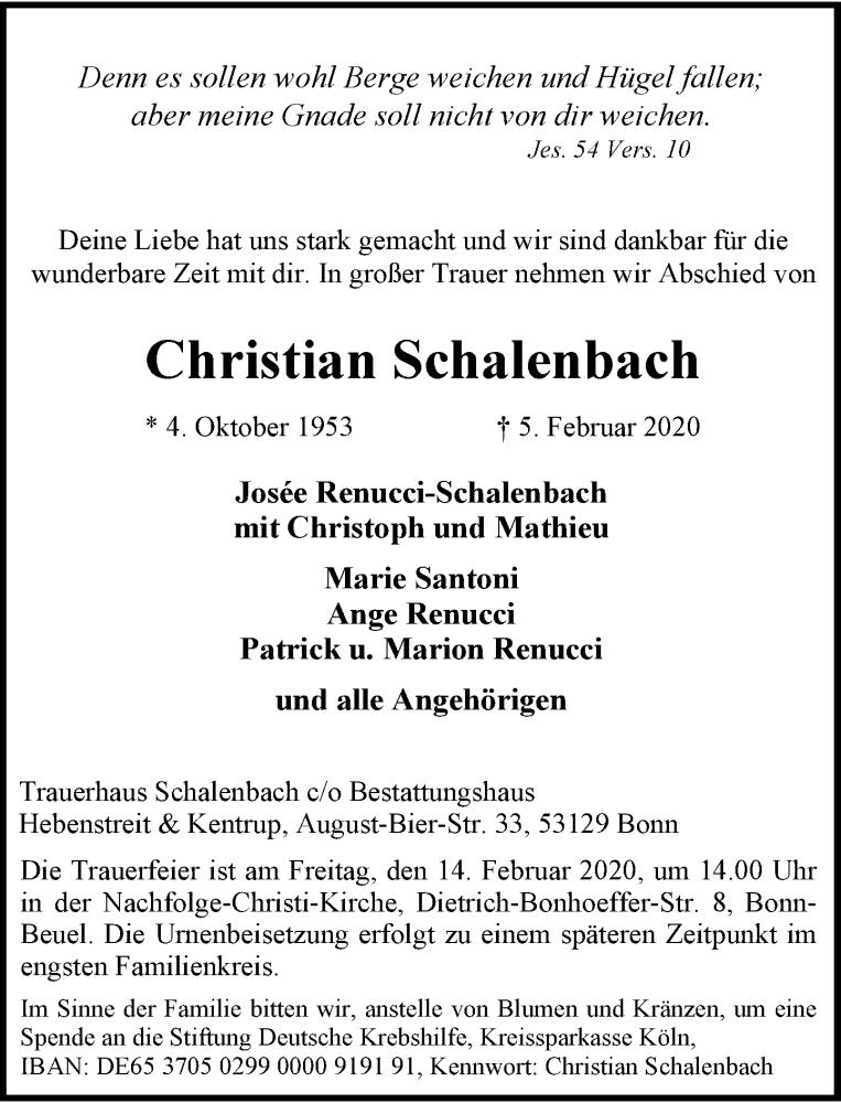  Traueranzeige für Christian Schalenbach vom 08.02.2020 aus General-Anzeiger Bonn