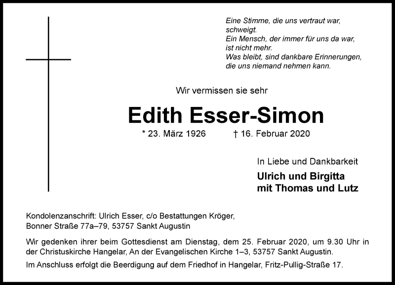 Traueranzeige für Edith Esser-Simon vom 22.02.2020 aus General-Anzeiger Bonn
