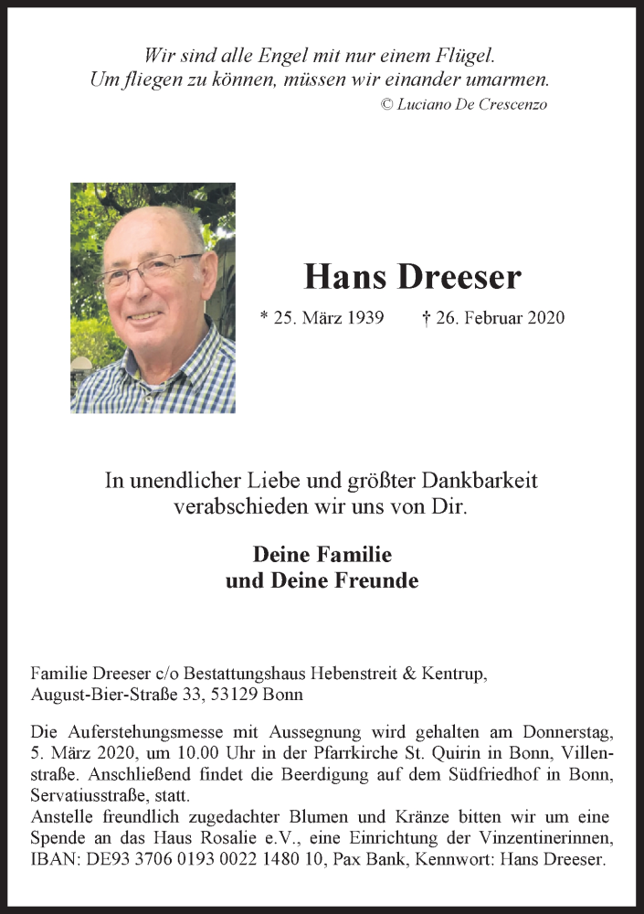  Traueranzeige für Hans Dreeser vom 29.02.2020 aus General-Anzeiger Bonn