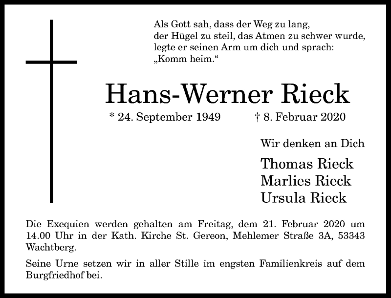  Traueranzeige für Hans-Werner Rieck vom 15.02.2020 aus General-Anzeiger Bonn