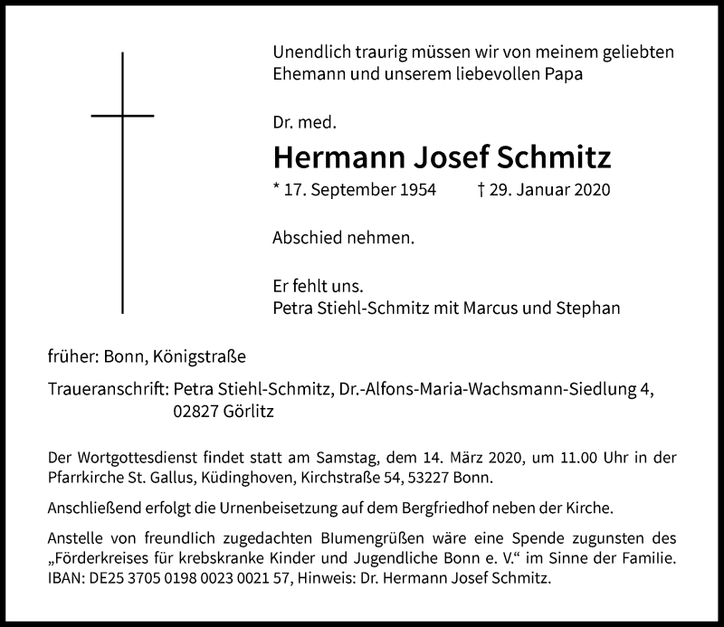  Traueranzeige für Hermann Josef Schmitz vom 29.02.2020 aus General-Anzeiger Bonn