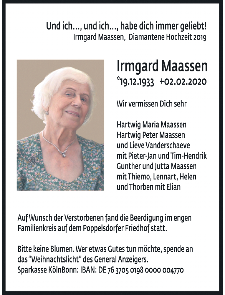  Traueranzeige für Irmgard Maassen vom 15.02.2020 aus General-Anzeiger Bonn