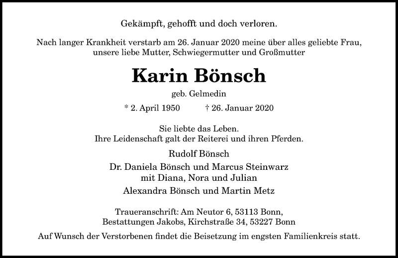  Traueranzeige für Karin Bönsch vom 08.02.2020 aus General-Anzeiger Bonn