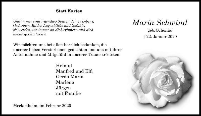  Traueranzeige für Maria Schwind vom 08.02.2020 aus General-Anzeiger Bonn